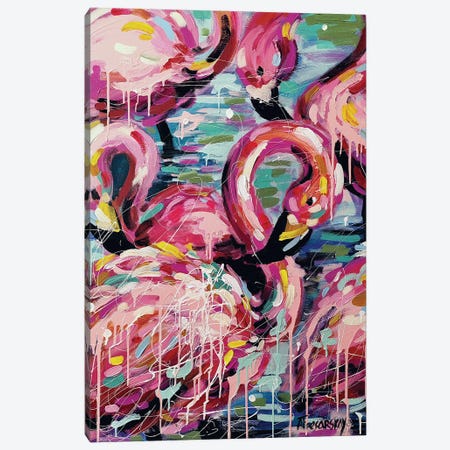 Pink Flamingo In Water Canvas Print #AKT122} by Aliaksandra Tsesarskaya Canvas Artwork