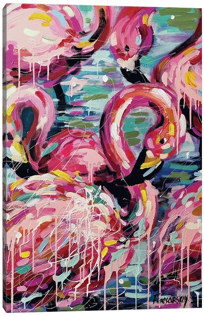 Pink Flamingo In Water Canvas Art Print - Aliaksandra Tsesarskaya