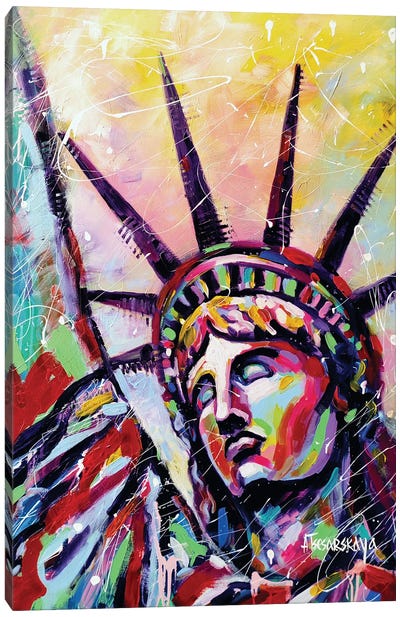 Statue Of Liberty Oin Red Canvas Art Print - Aliaksandra Tsesarskaya