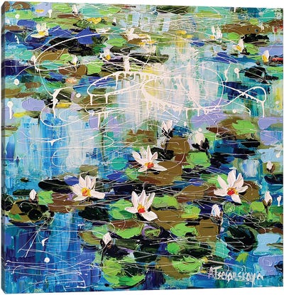 Lake With White Water Lilies Canvas Art Print - Aliaksandra Tsesarskaya