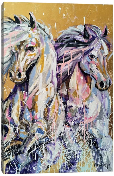 White Horses In Water Canvas Art Print - Aliaksandra Tsesarskaya