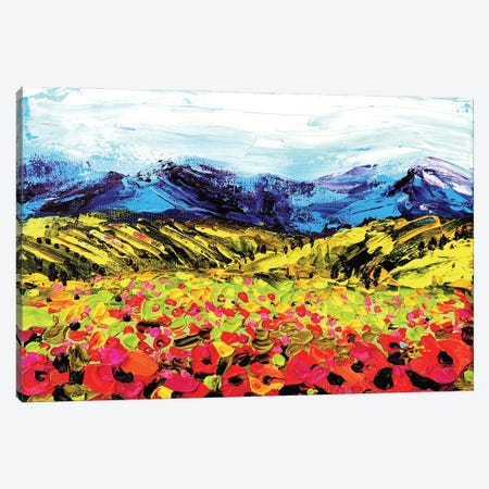 Landscape With Poppies And Mountain Canvas Print #AKT199} by Aliaksandra Tsesarskaya Art Print