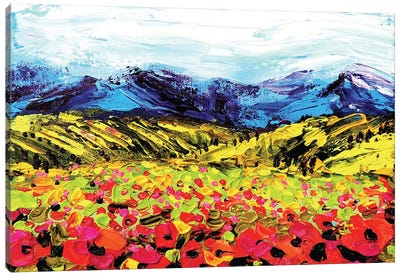 Landscape With Poppies And Mountain Canvas Art Print - Aliaksandra Tsesarskaya