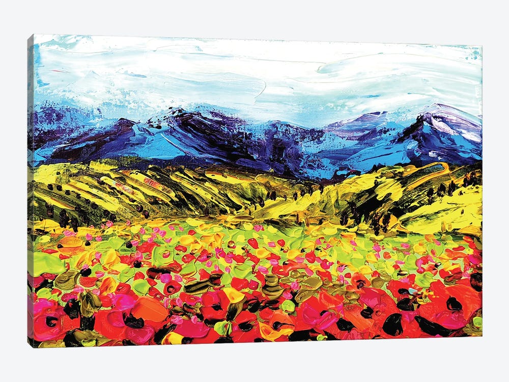 Landscape With Poppies And Mountain by Aliaksandra Tsesarskaya 1-piece Canvas Print
