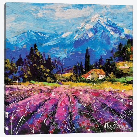 Lavander Field With Mountain Canvas Print #AKT215} by Aliaksandra Tsesarskaya Canvas Art Print