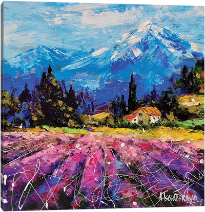 Lavander Field With Mountain Canvas Art Print - Aliaksandra Tsesarskaya