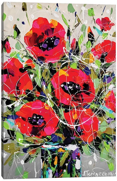 Poppies In The Vase Canvas Art Print - Aliaksandra Tsesarskaya