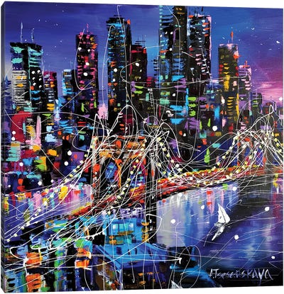 Night New York City With Bridge Canvas Art Print - Aliaksandra Tsesarskaya