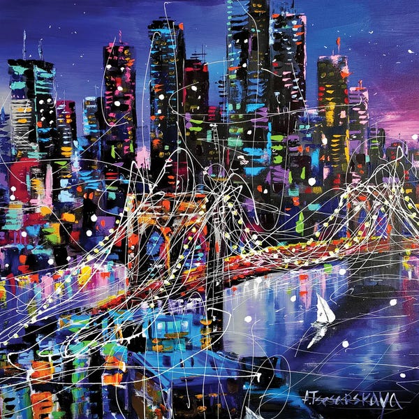 Fine Art Print: Night New York City With Bridge by Aliaksandra Tsesarskaya