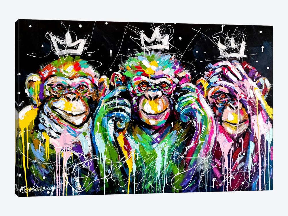 Three Colorful Monkeys by Aliaksandra Tsesarskaya 1-piece Canvas Artwork