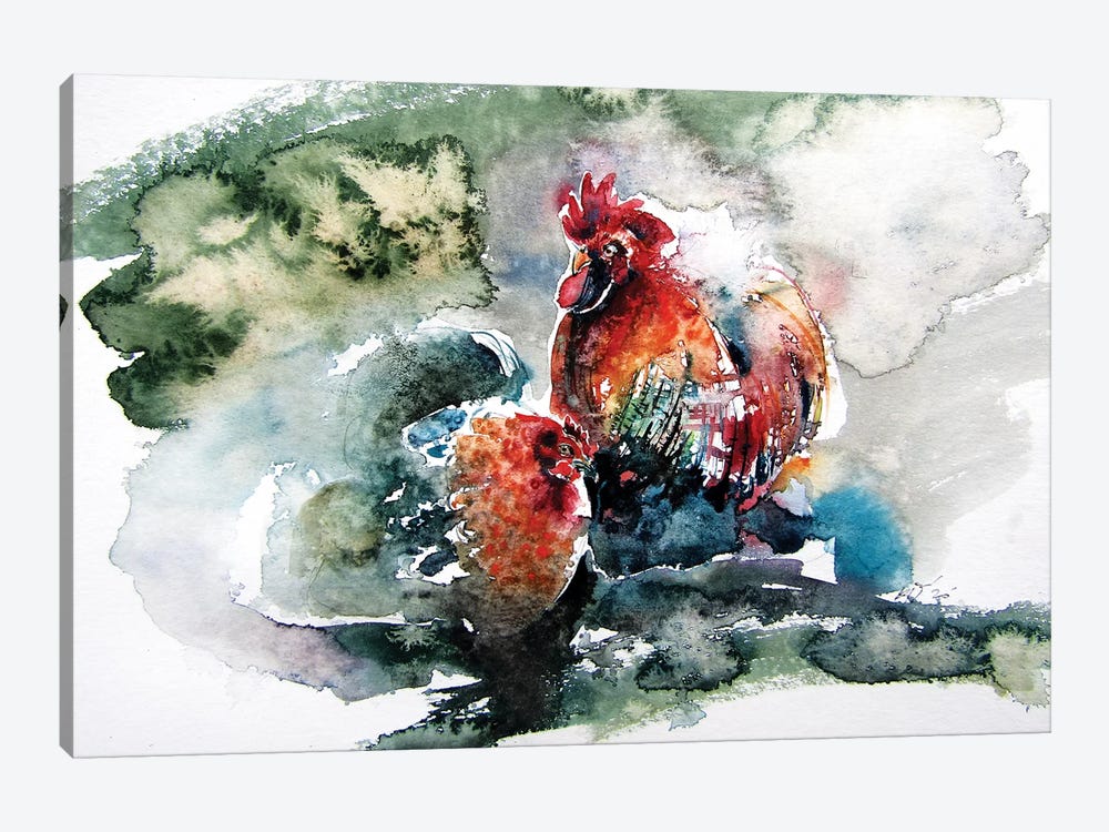 Hen And Rooster by Anna Brigitta Kovacs 1-piece Canvas Wall Art