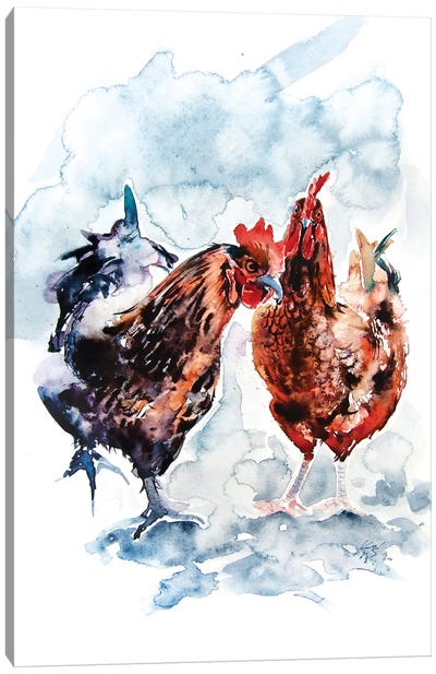 Young Rooster And Hen Canvas Art Print - Chicken & Rooster Art
