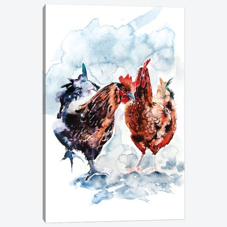 Young Rooster And Hen Canvas Print #AKV113} by Anna Brigitta Kovacs Canvas Artwork