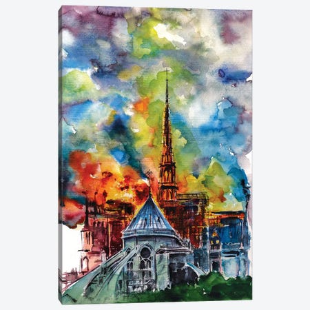 Burning Notre Dame Canvas Print #AKV11} by Anna Brigitta Kovacs Canvas Print