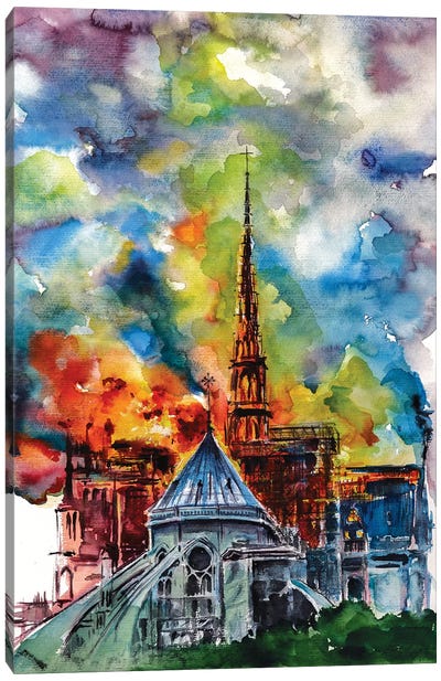 Burning Notre Dame Canvas Art Print - Famous Places of Worship