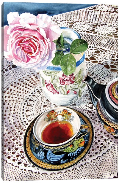 Still Life With Rose And Tea Set Canvas Art Print - Tea Art