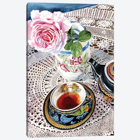 Still Life With Rose And Tea Set Canvas Print #AKV196} by Anna Brigitta Kovacs Art Print