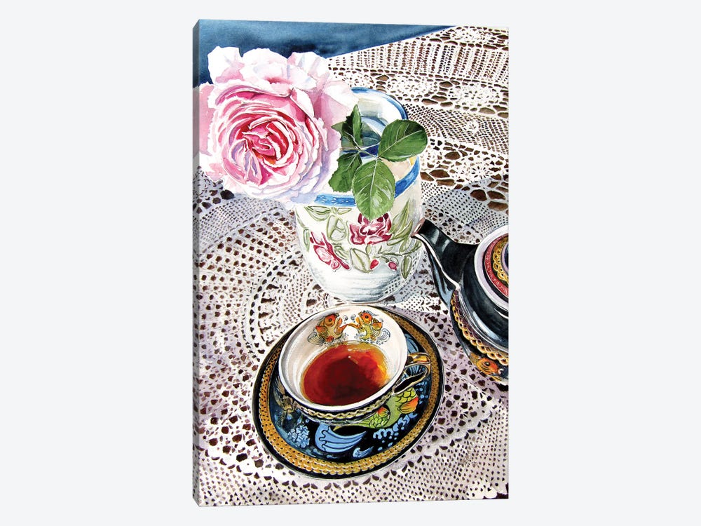 Still Life With Rose And Tea Set by Anna Brigitta Kovacs 1-piece Canvas Wall Art