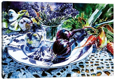 Still Life With Vegetables And Lavender Canvas Art Print - Vegetable Art