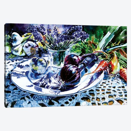 Still Life With Vegetables And Lavender Canvas Print #AKV208} by Anna Brigitta Kovacs Canvas Art