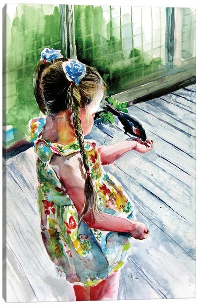 Girl With Bird Canvas Art Print - Anna Brigitta Kovacs