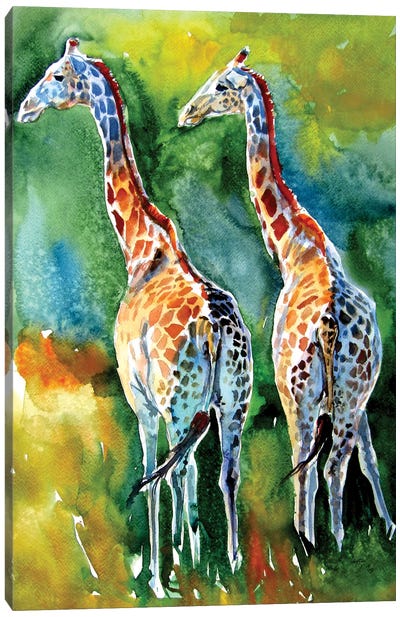 Giraffes On The Field Canvas Art Print - Anna Brigitta Kovacs