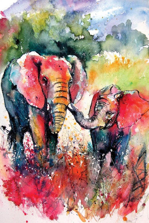 Colorful Elephant With Baby On The Field