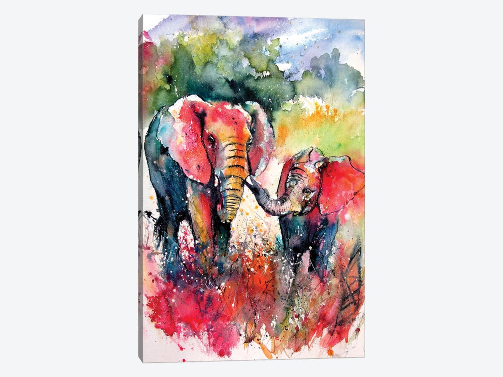 Colorful Elephant With Baby On The Field by Anna Brigitta Kovacs 1-piece Canvas Wall Art