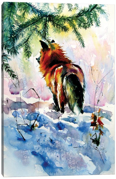 Red Fox Watching Wintertime Canvas Art Print - Fox Art