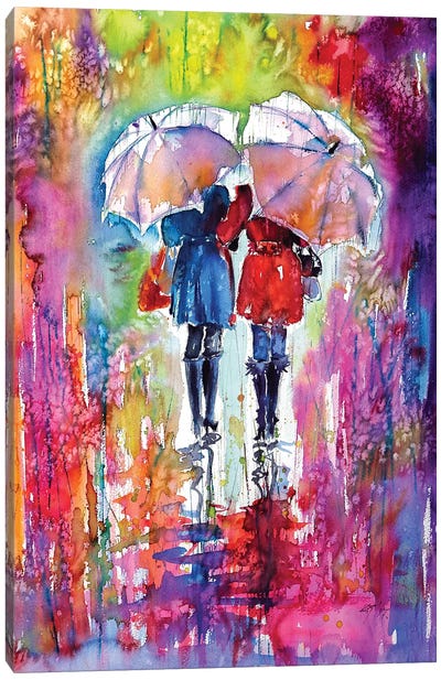 Girlfriends Under Umbrella Canvas Art Print - Anna Brigitta Kovacs