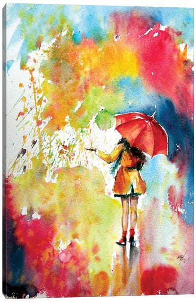 Colorful Rain With A Girl Canvas Art Print - Anna Brigitta Kovacs