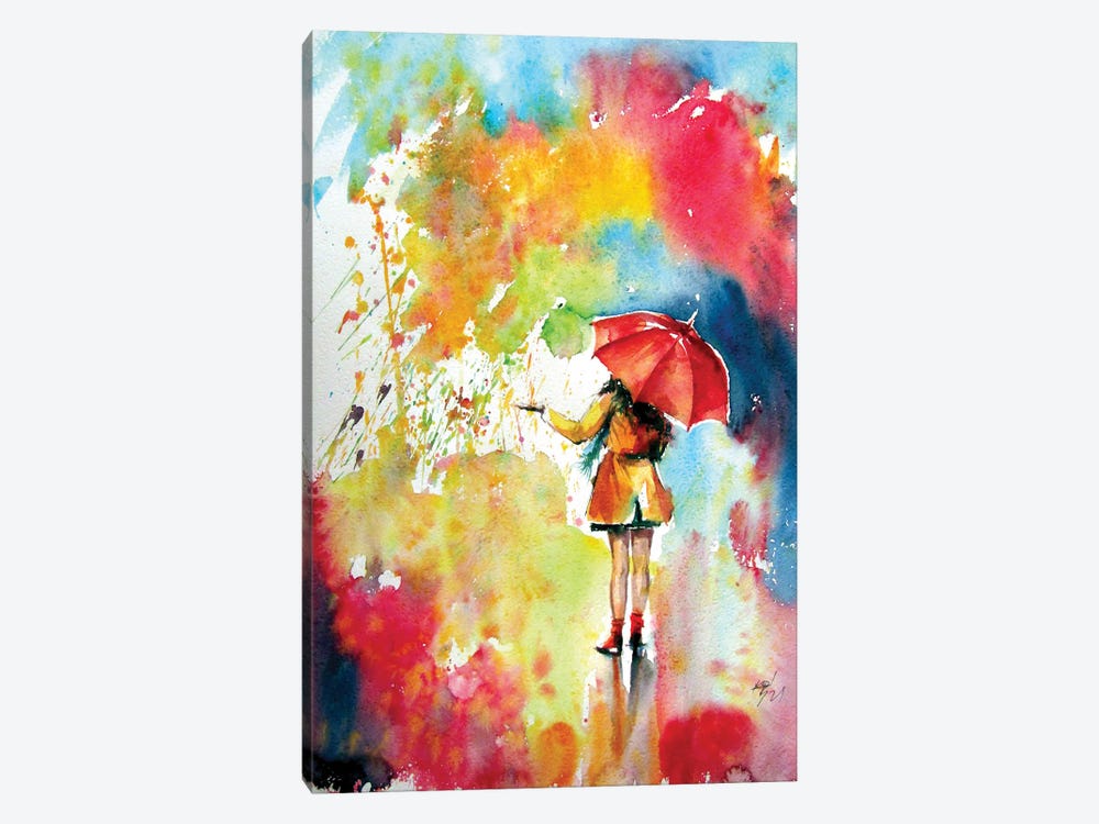 Colorful Rain With A Girl by Anna Brigitta Kovacs 1-piece Canvas Artwork