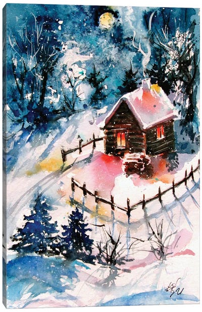 Winter Night In Deep Forest Canvas Art Print - Cabins