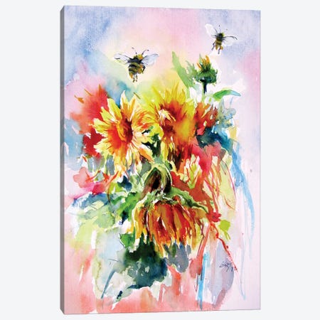 Sunflowers With Bees Canvas Print #AKV544} by Anna Brigitta Kovacs Canvas Artwork
