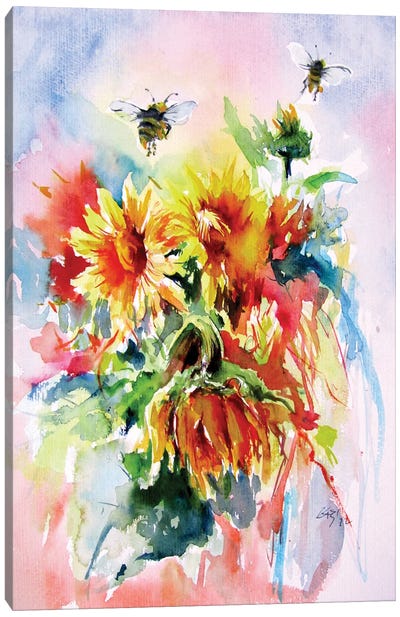 Sunflowers With Bees Canvas Art Print - Anna Brigitta Kovacs