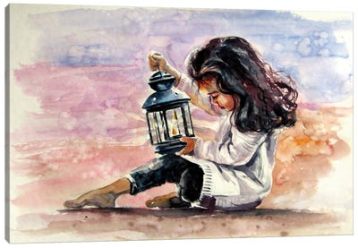 Girl With Lamp Canvas Art Print - Anna Brigitta Kovacs