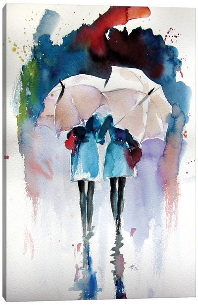 Girlfriends With Umbrellas Canvas Art Print - Anna Brigitta Kovacs