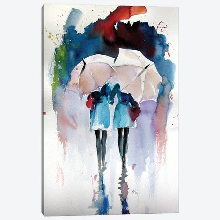 Girlfriends With Umbrellas Canvas Print #AKV565} by Anna Brigitta Kovacs Canvas Artwork