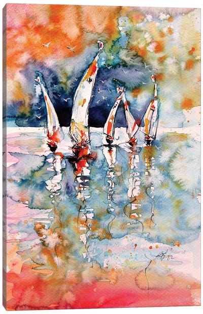 Sailboats With Birds Canvas Art Print - Anna Brigitta Kovacs