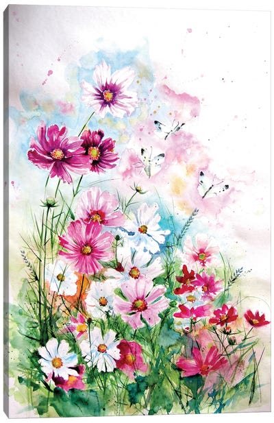 Cosmos Flowers With Butterlies Canvas Art Print - Insect & Bug Art