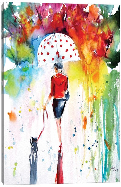 Walking Girl With Dog Canvas Art Print - Anna Brigitta Kovacs