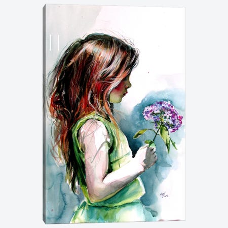 Girl With Purple Floral Canvas Print #AKV641} by Anna Brigitta Kovacs Canvas Wall Art