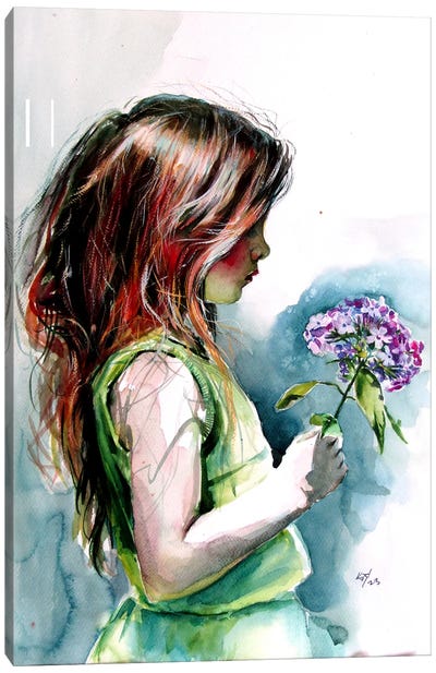 Girl With Purple Floral Canvas Art Print - Anna Brigitta Kovacs