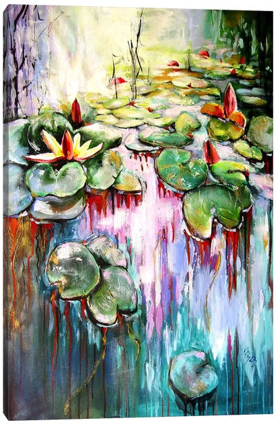 Water Mirror And Water Lilies With Gold II Canvas Art Print - Anna Brigitta Kovacs