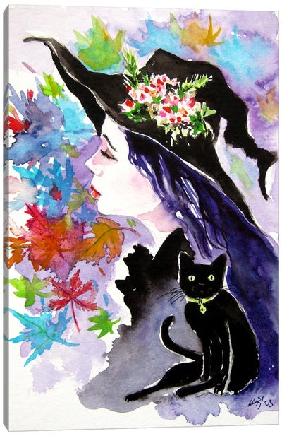 Witch With Her Cat II Canvas Art Print - Purple Art