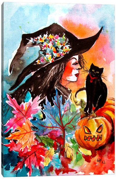 Witch With Her Cat Canvas Art Print - Witch Art