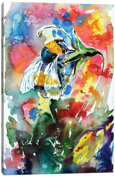 Bee With Flower Canvas Art Print - Bee Art