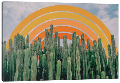 Cactus And Rainbow Canvas Art Print - '70s Aesthetic