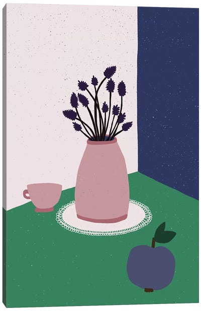 Still Life With Apple, Lavender Flowers And Cup Canvas Art Print - Alisa Galitsyna