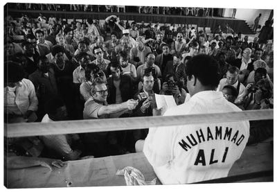 Muhammad Ali Sitting On The Side Of A Ring Talking To The Press Canvas Art Print